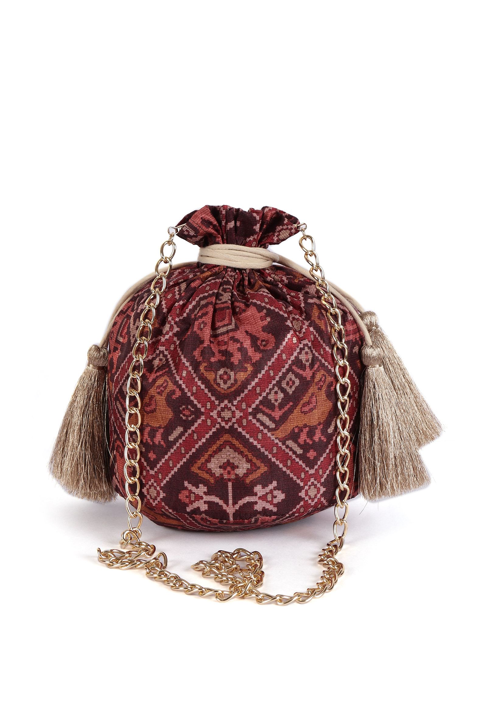Gulika Maroon & Multi Silk Patola Print Potli With Tassels