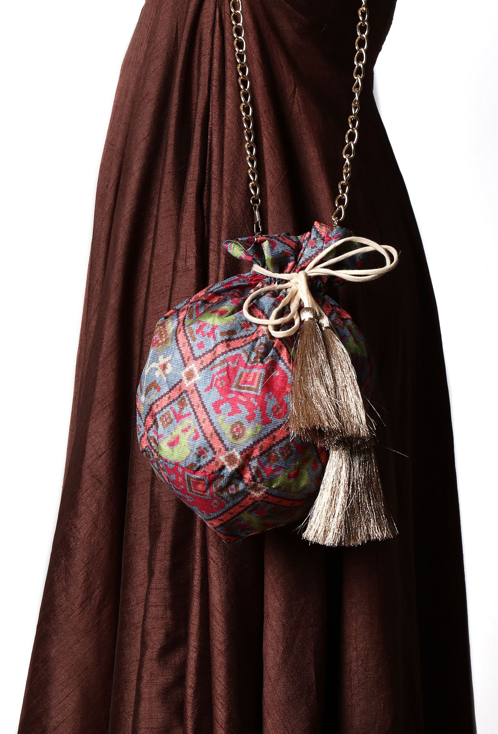 Kashvi Blue, Coral & Multi Silk Patola Print Potli With Tassels