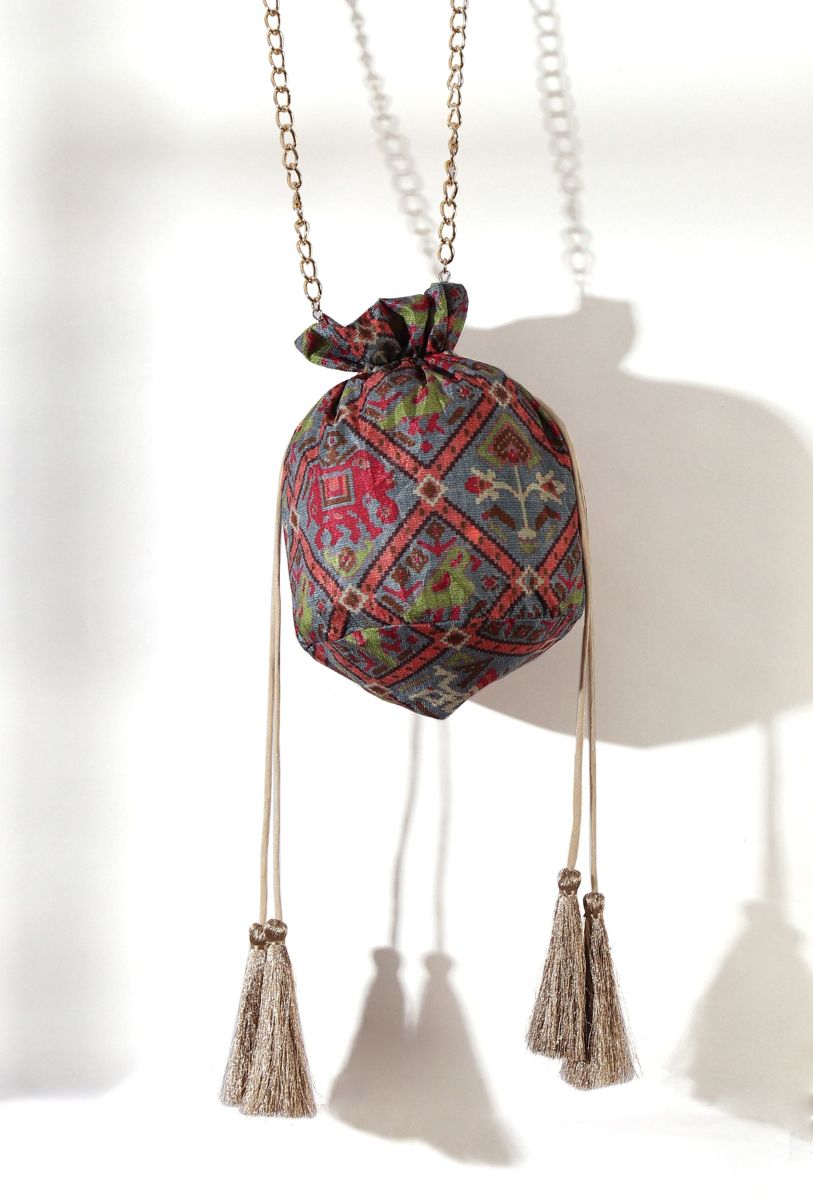 Kashvi Blue, Coral & Multi Silk Patola Print Potli With Tassels