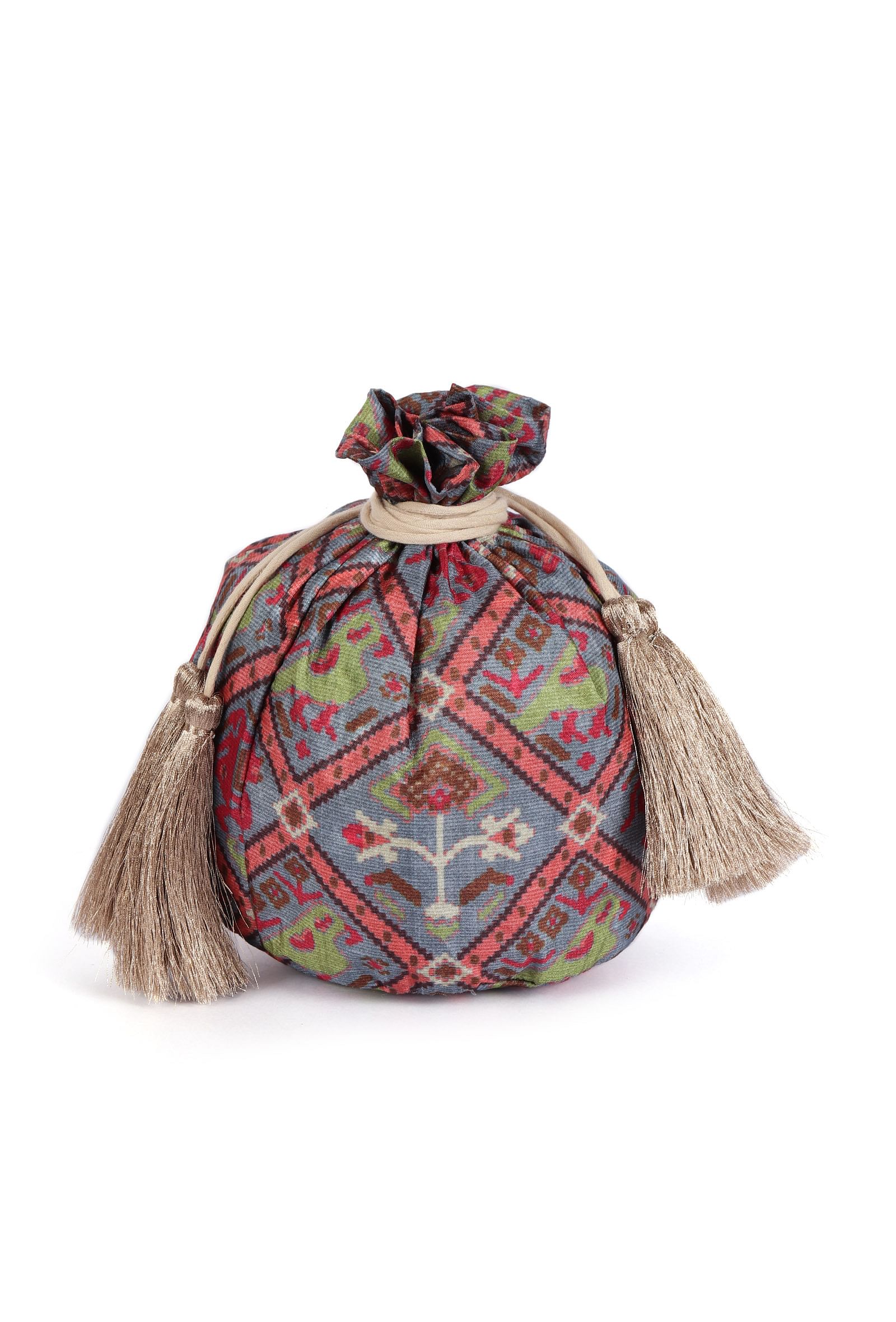 Kashvi Blue, Coral & Multi Silk Patola Print Potli With Tassels