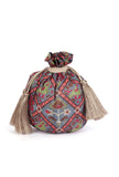 Kashvi Blue, Coral & Multi Silk Patola Print Potli With Tassels