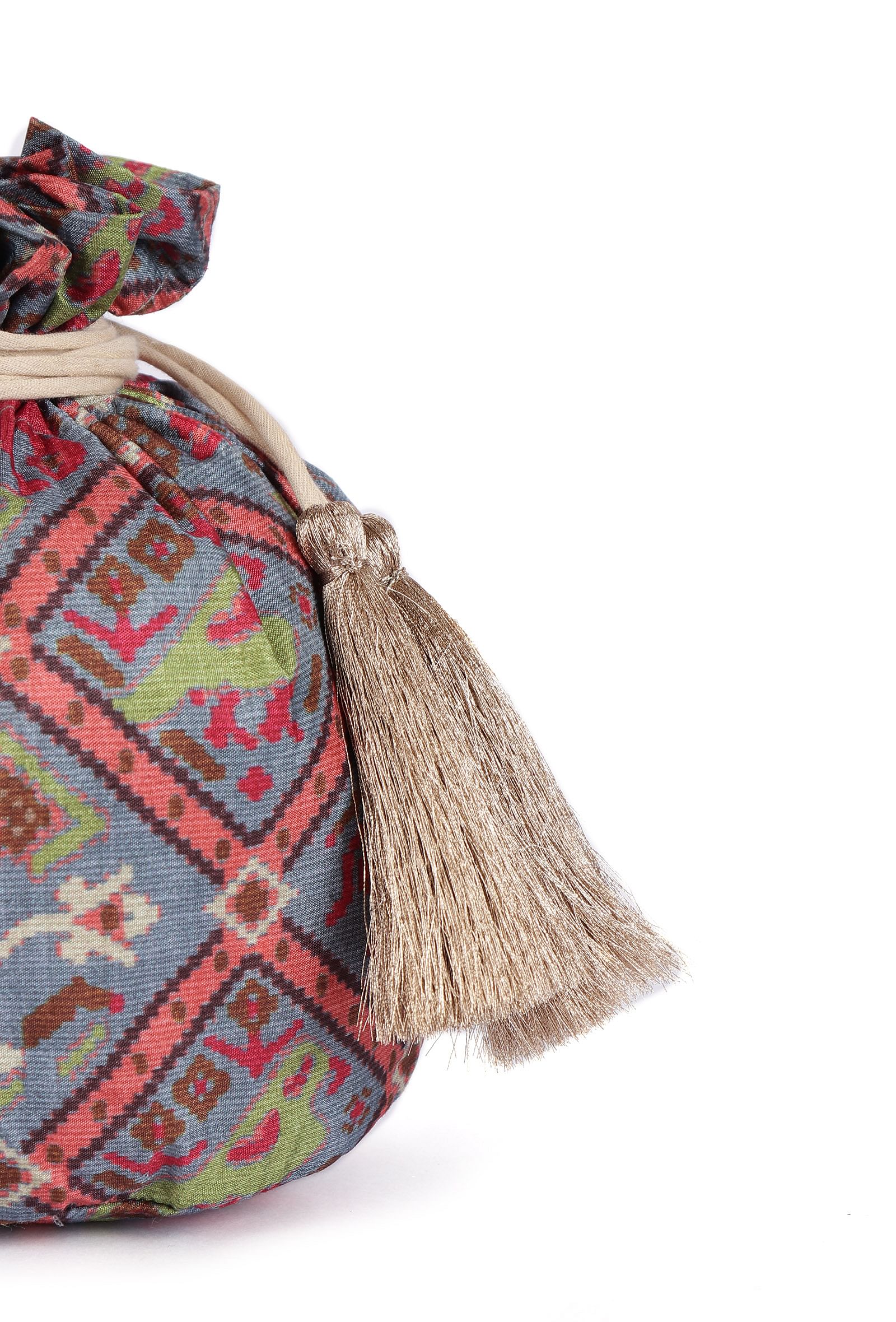 Kashvi Blue, Coral & Multi Silk Patola Print Potli With Tassels