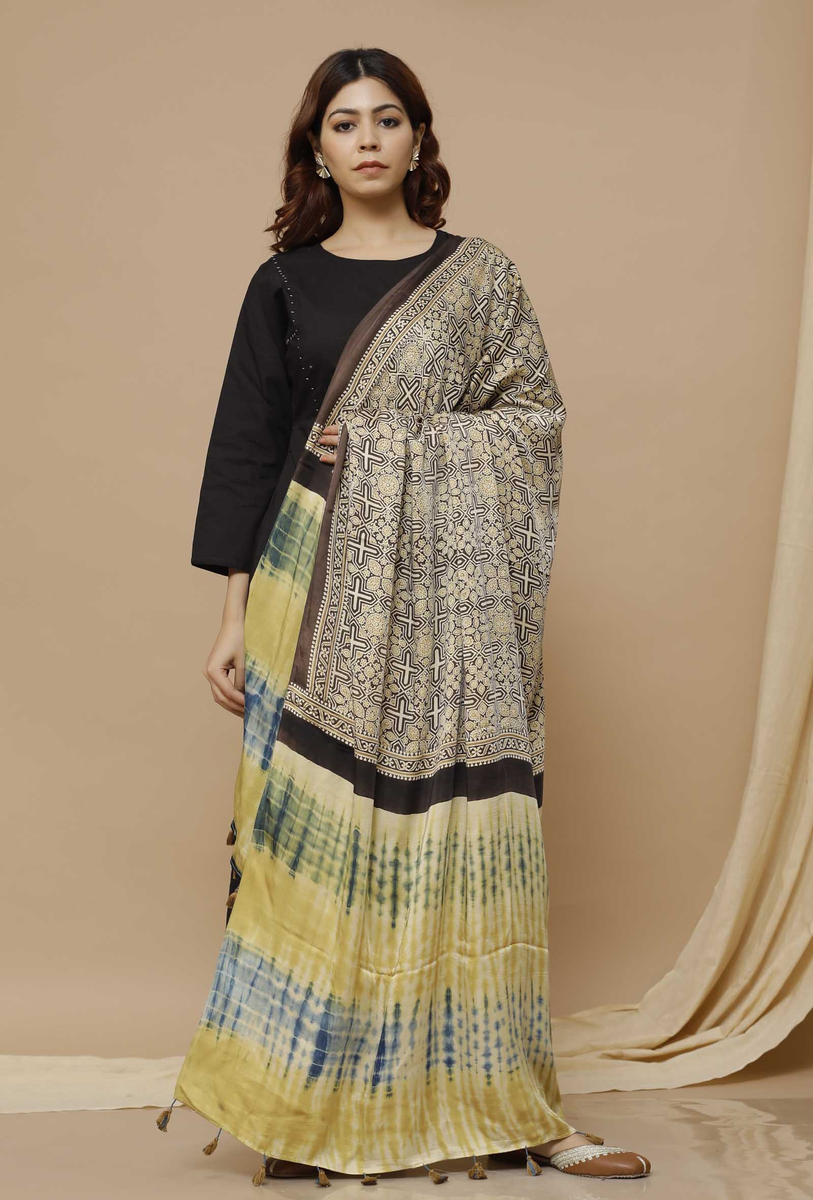 Beige Shibori-Ajrakh Modal silk Dupatta