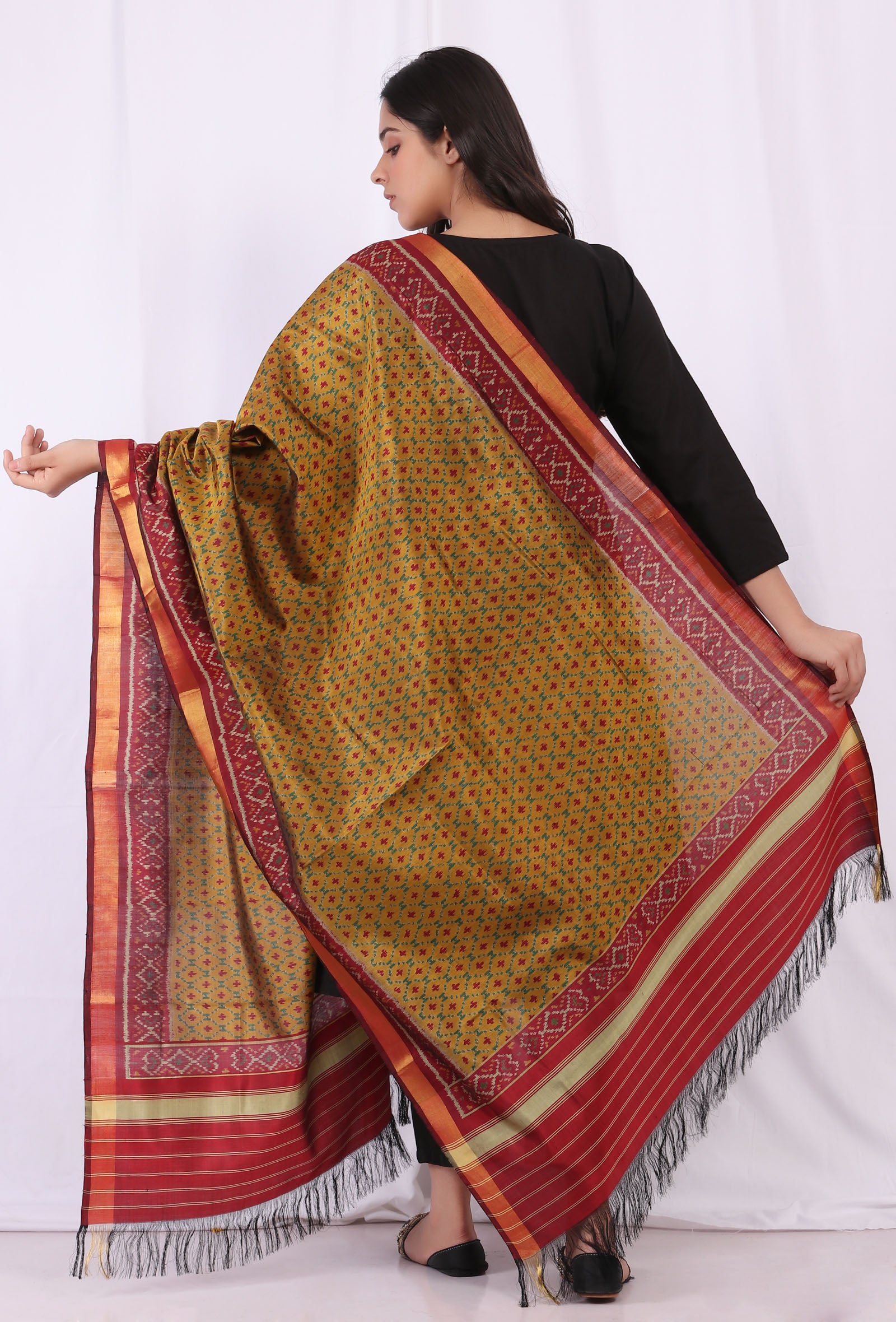 Beige Gold Ikkat Silk Patola Dupatta