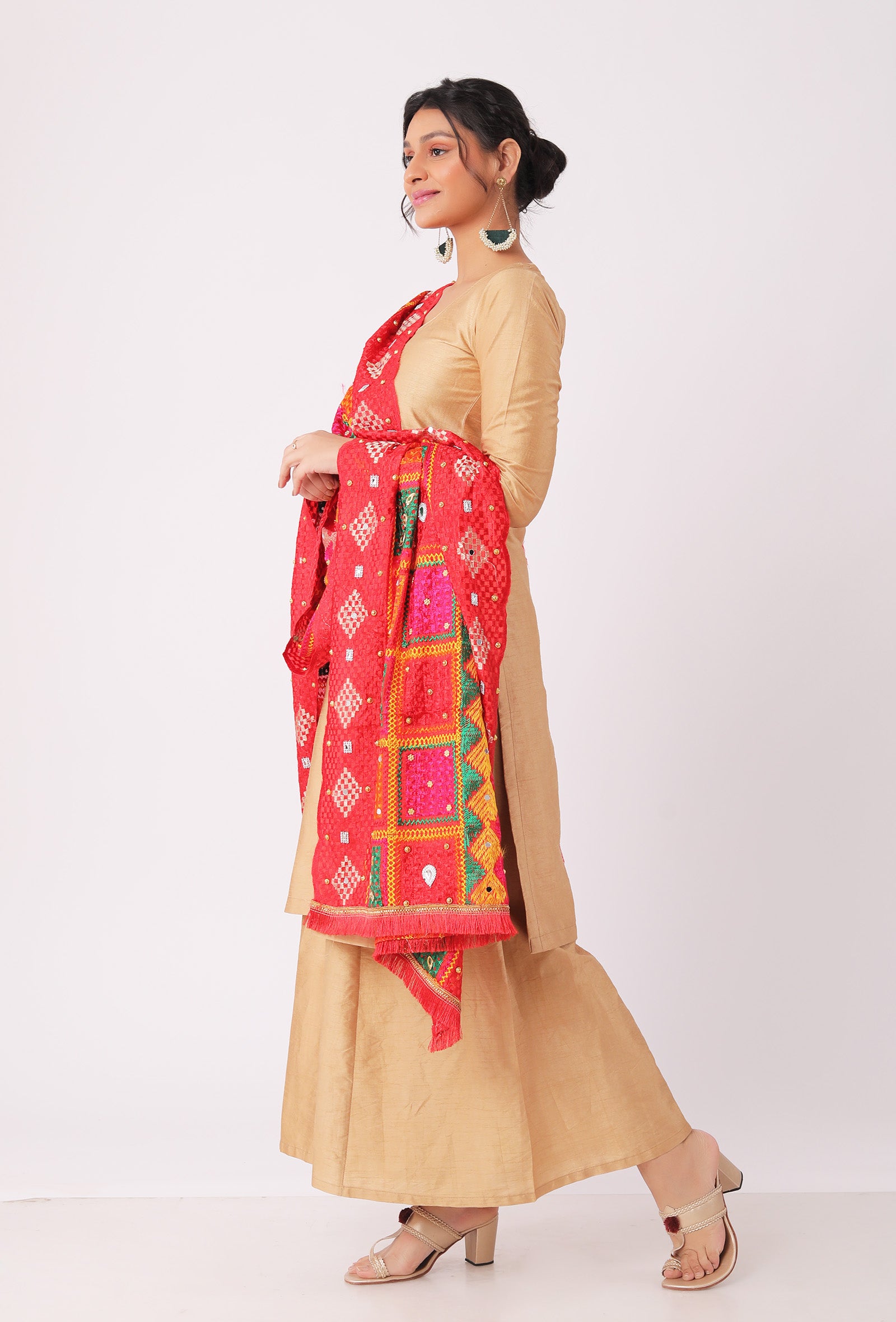 Alta red  allover embriodred phoolkari dupatta