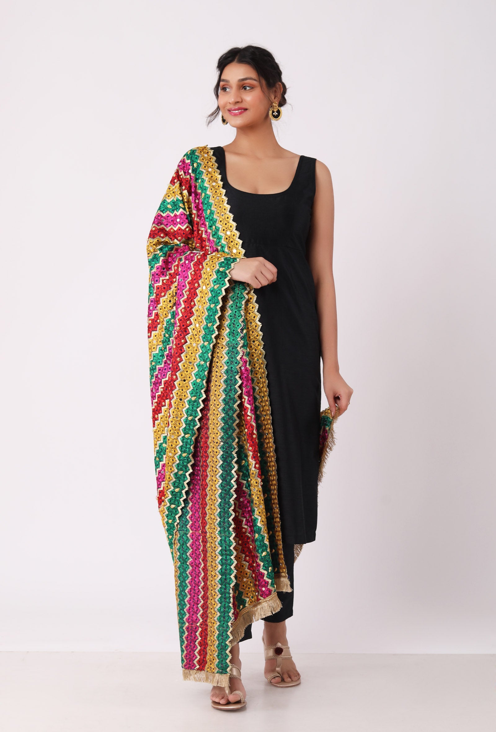 Green allover embriodred phoolkari dupatta