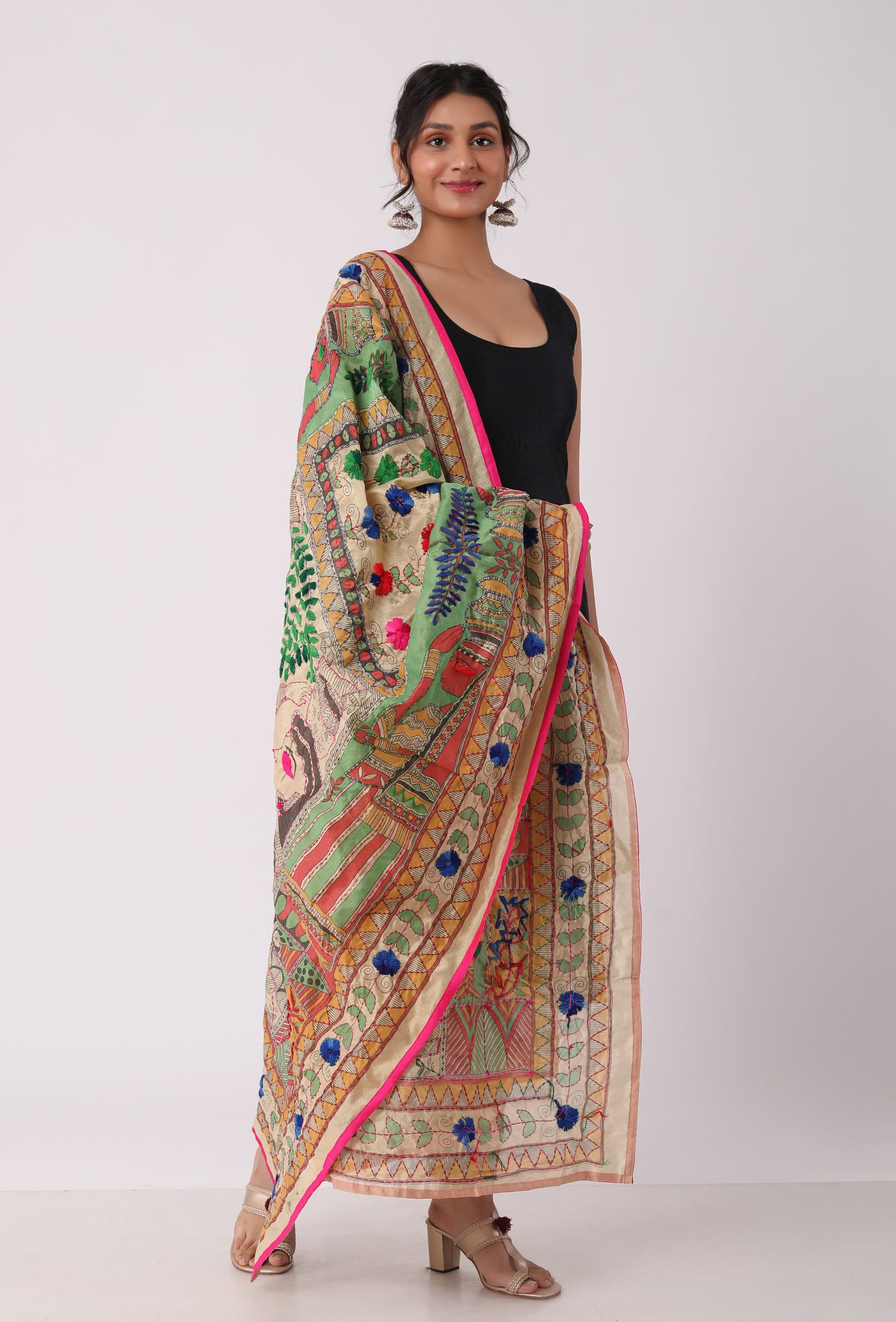 Aarna hand embroidered kantha silk dupatta