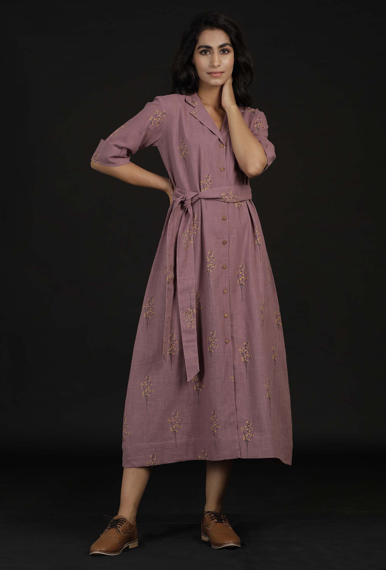 Ahana Violet Block Print Belt Cotton Dress