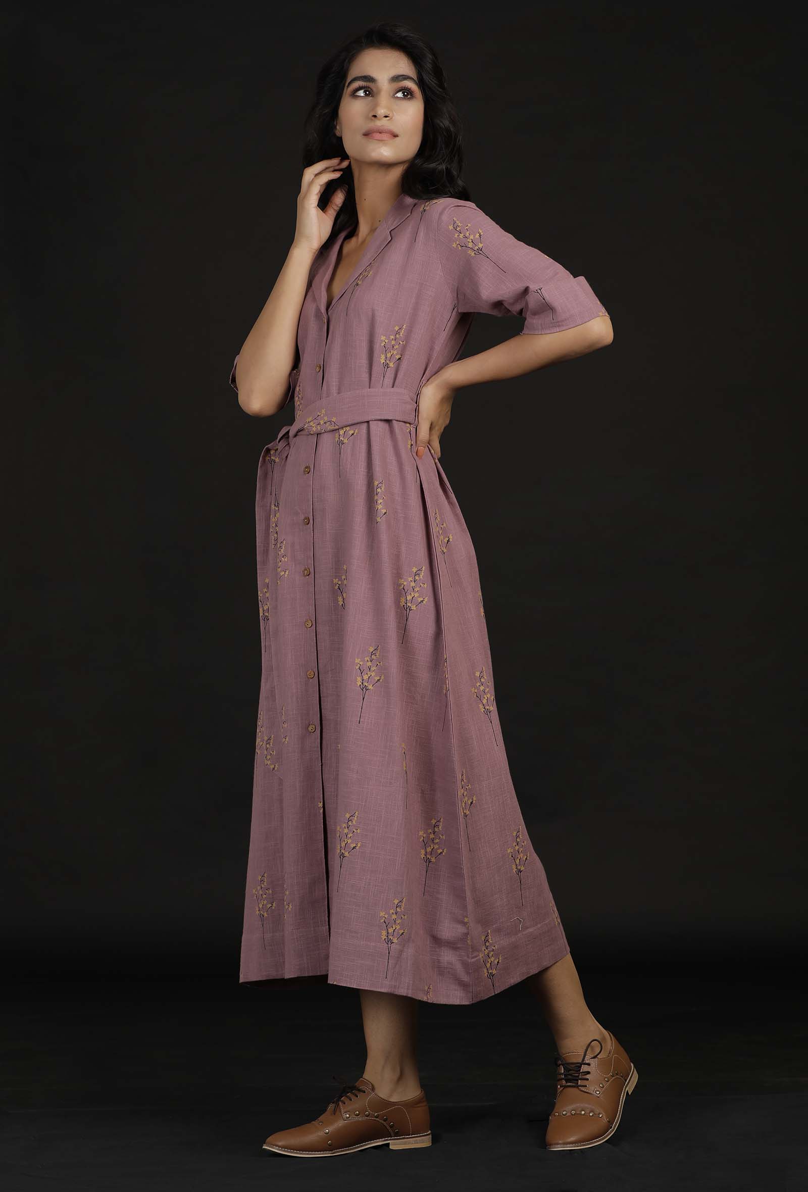 Ahana Violet Block Print Belt Cotton Dress