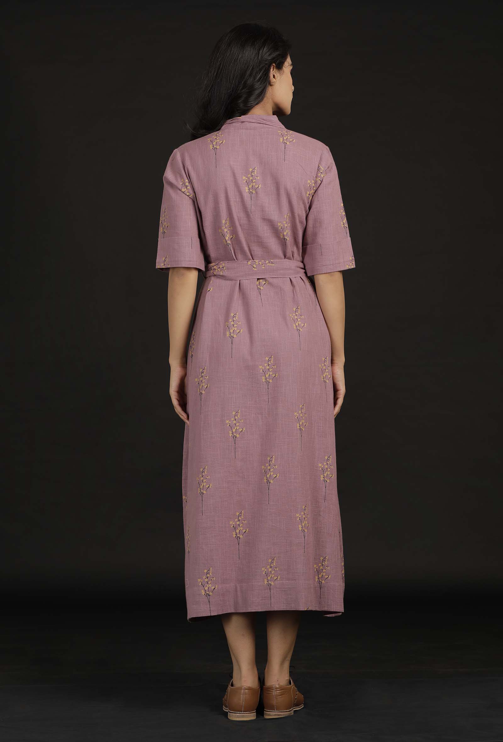 Ahana Violet Block Print Belt Cotton Dress