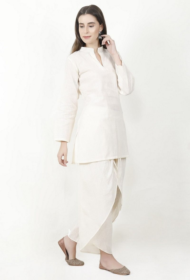 Ivory Cotton Slub Short Kurta With Dhoti