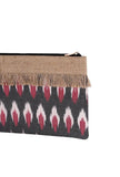 Slate Grey And Plum Ikat Print Pouch With Jute Fringes
