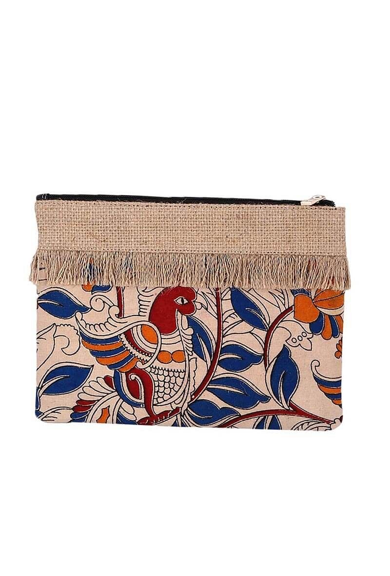 Blue And Beige Kalamkari Print Pouch With Jute Fringes