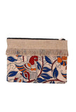 Blue And Beige Kalamkari Print Pouch With Jute Fringes