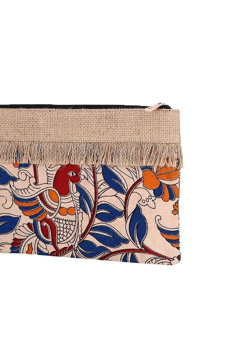 Blue And Beige Kalamkari Print Pouch With Jute Fringes
