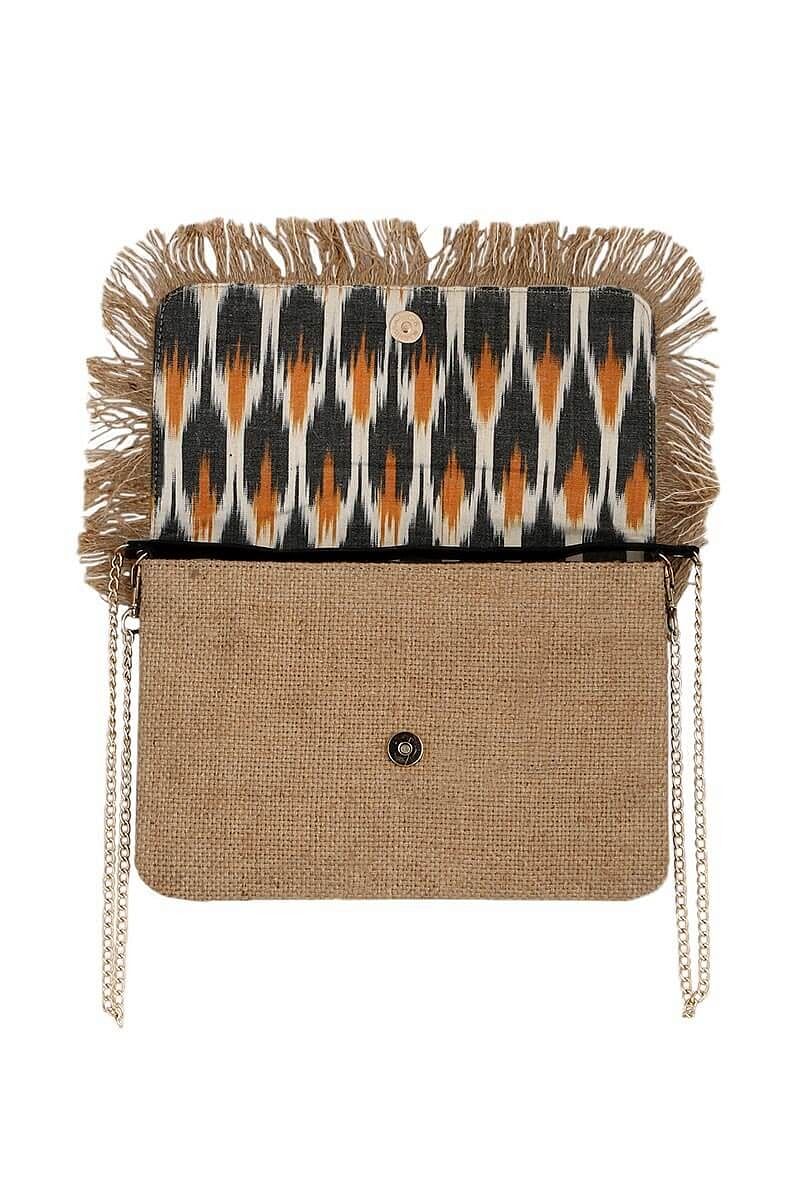 Mustard And Slate Grey Ikat Print Sling Bag With Jute Fringes
