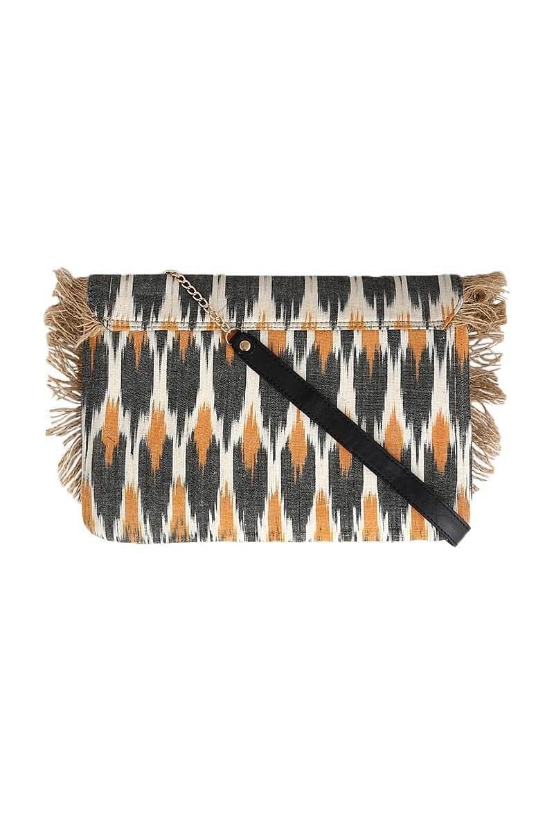 Mustard And Slate Grey Ikat Print Sling Bag With Jute Fringes