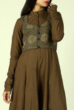Khakhi Green Button Down Ajrakh Cotton Waistcoat