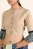 Beige Three Quarter South Cotton Blouse With Ajrakh Bell Sleeves