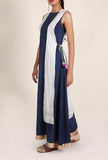 Imperial Blue Rayon Maxi Dress With White Cotton Tie Up Overlay Set Featuring Floral Block Printing Set