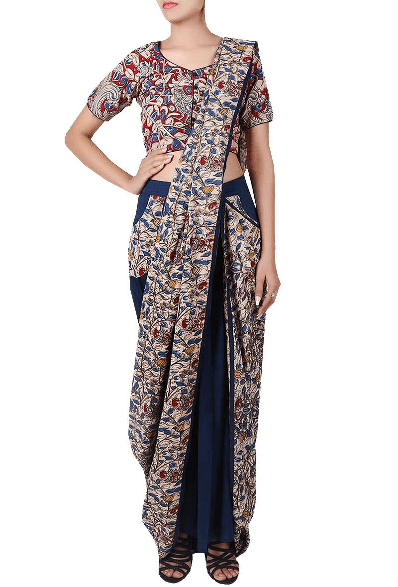 Navy Blue Pure Cotton Stitched Saree With Detachable Kalamkari Pallu