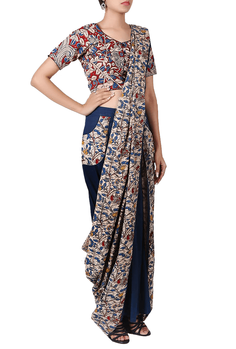 Navy Blue Pure Cotton Stitched Saree With Detachable Kalamkari Pallu