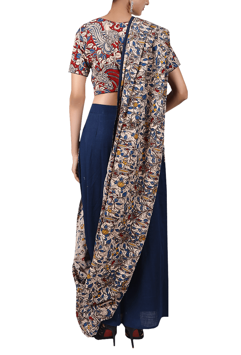 Navy Blue Pure Cotton Stitched Saree With Detachable Kalamkari Pallu