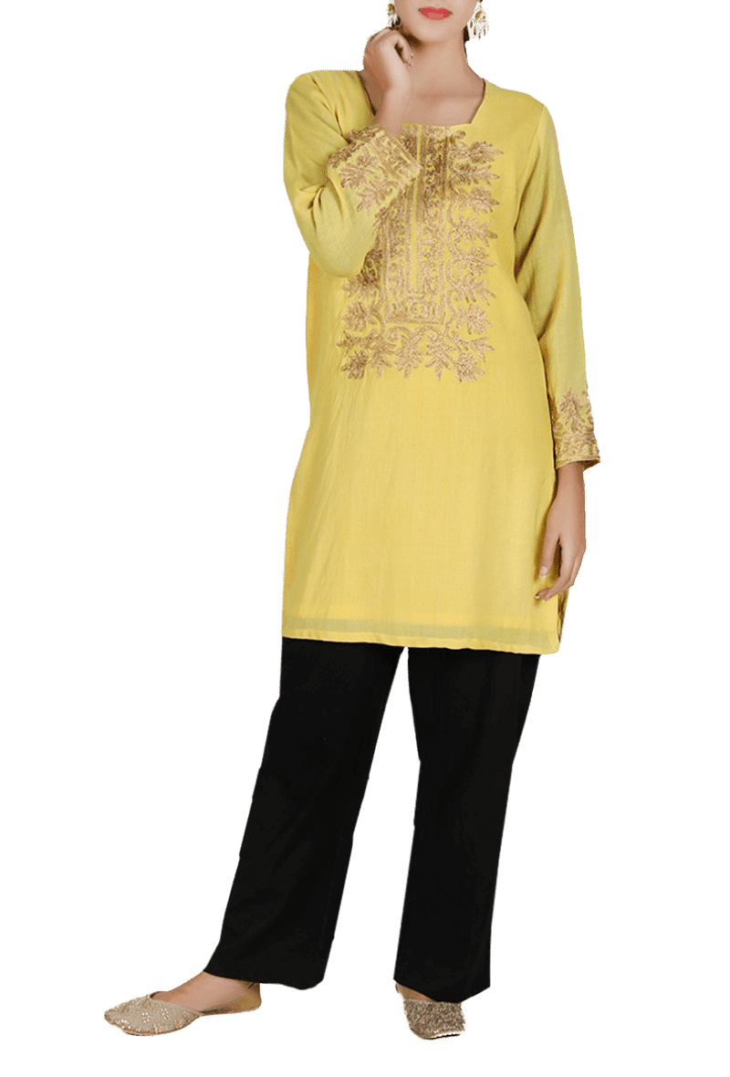 Yellow Aari Zari Embroidered Semi Pashmina Kurta