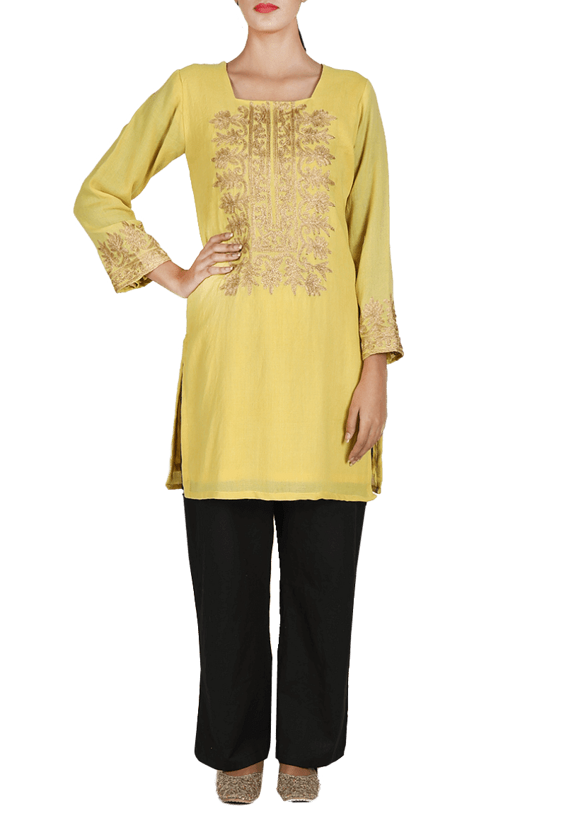 Yellow Aari Zari Embroidered Semi Pashmina Kurta