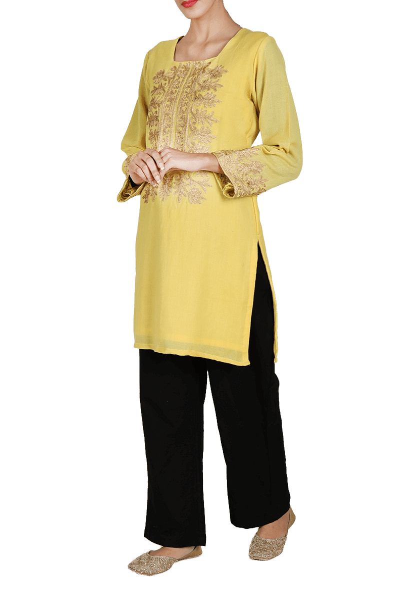 Yellow Aari Zari Embroidered Semi Pashmina Kurta