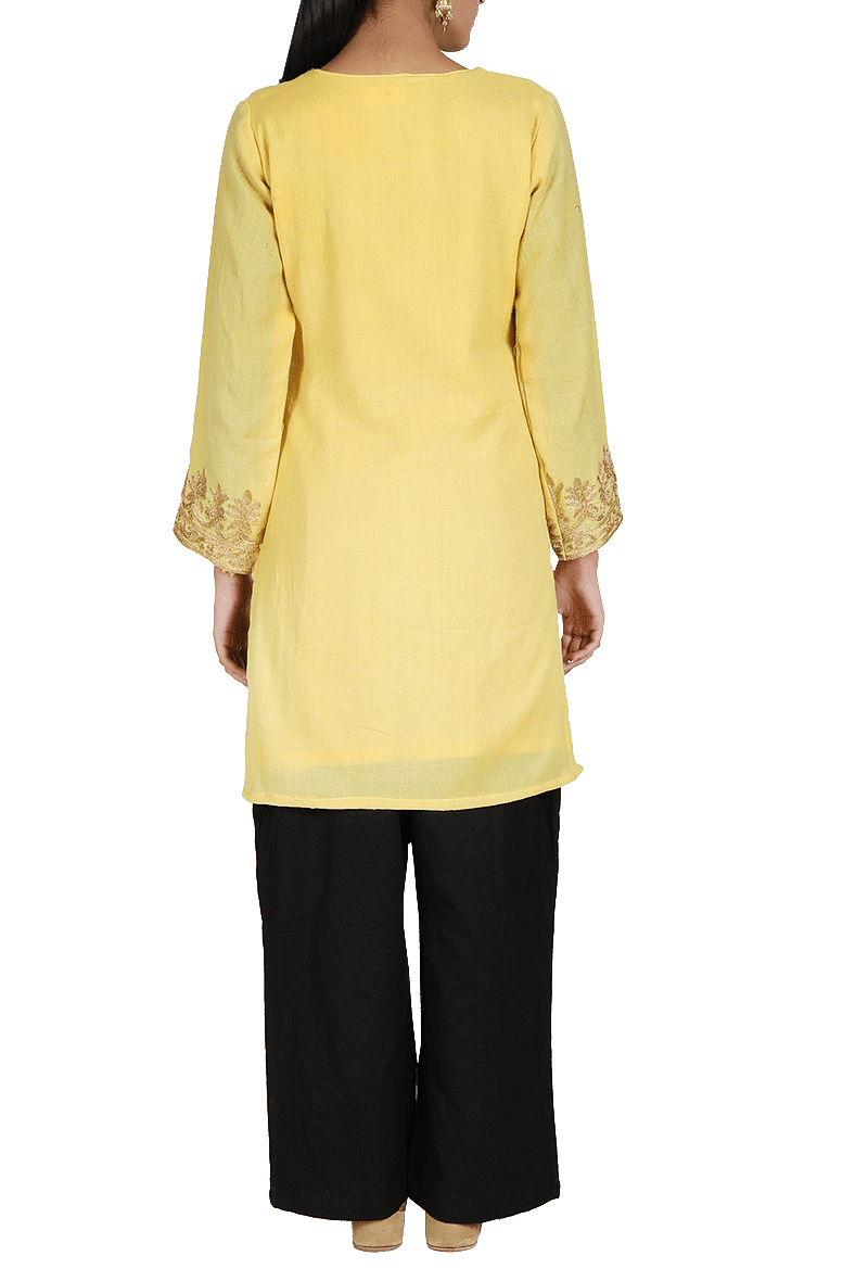 Yellow Aari Zari Embroidered Semi Pashmina Kurta