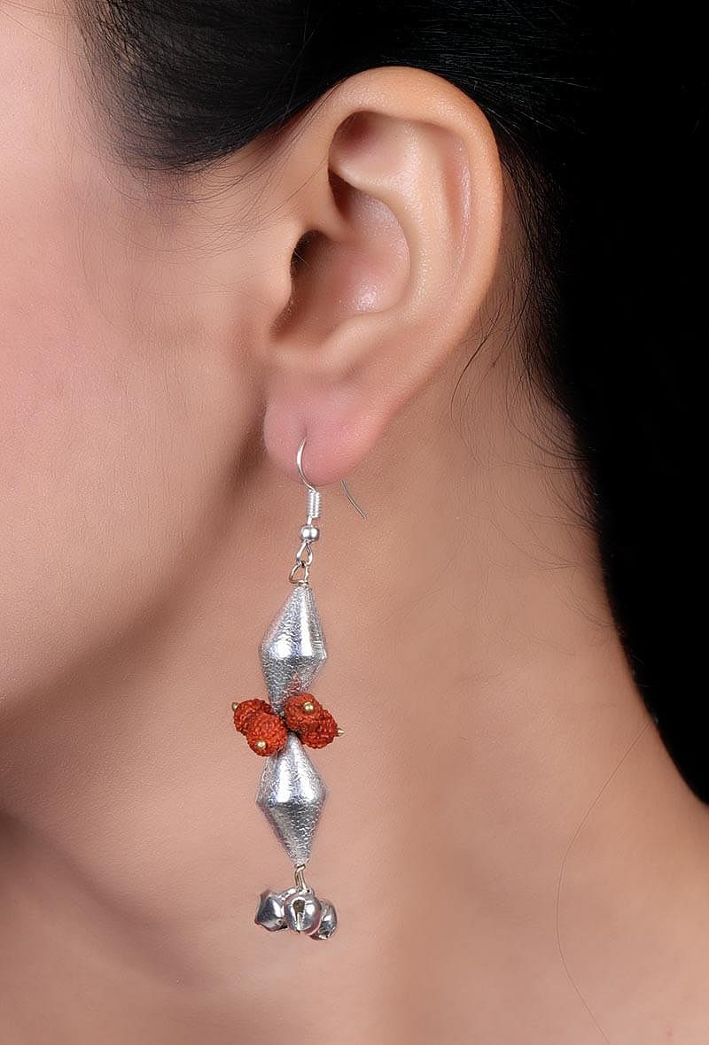 Silver-Plated Ghungroo And Rudraksh Dholki Beads Earrings