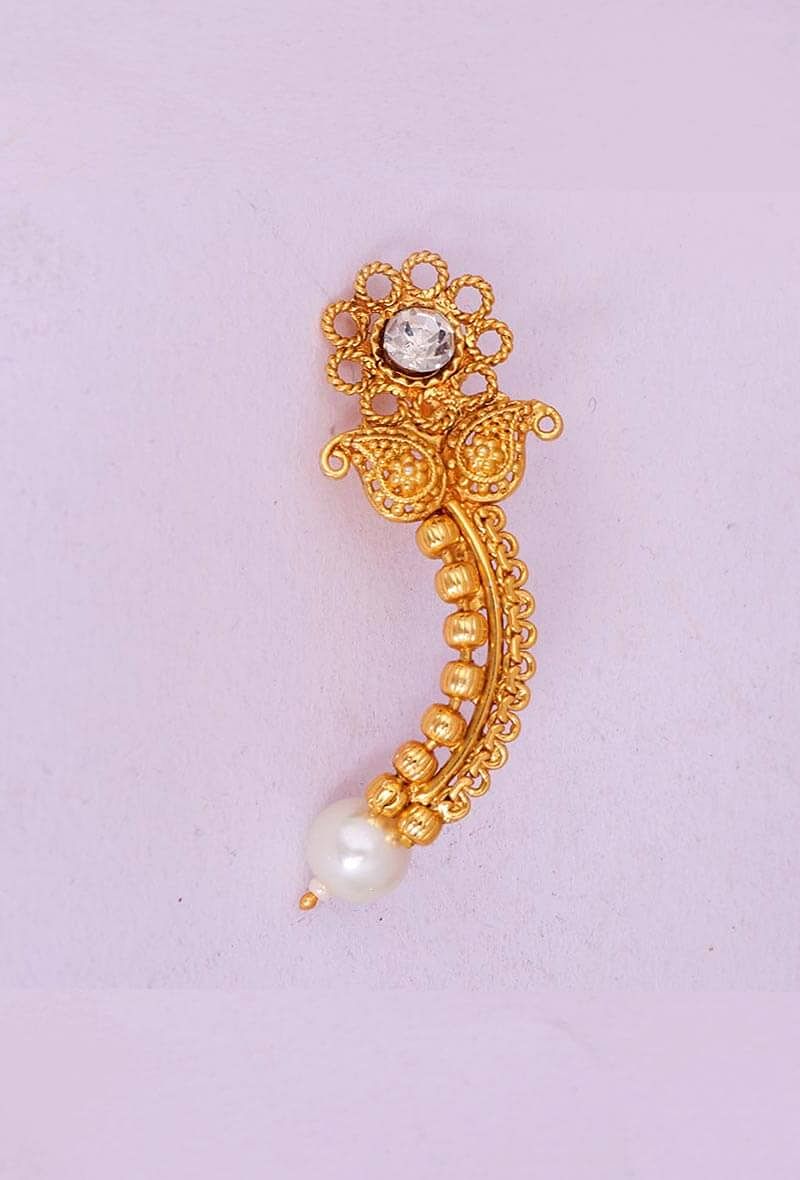 Floral Gold Plated Marathi Nath With Pearl