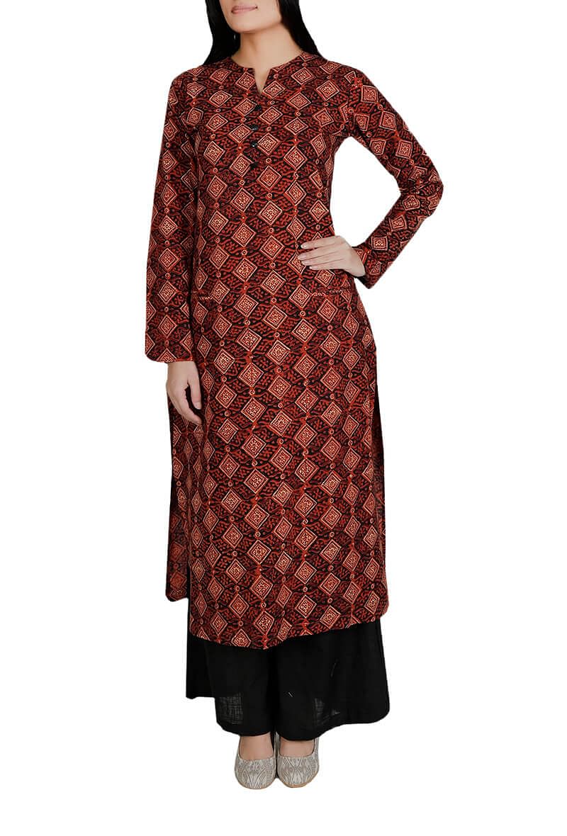 Set Of Brown Ajrakh Cotton Kurta And Palazzo