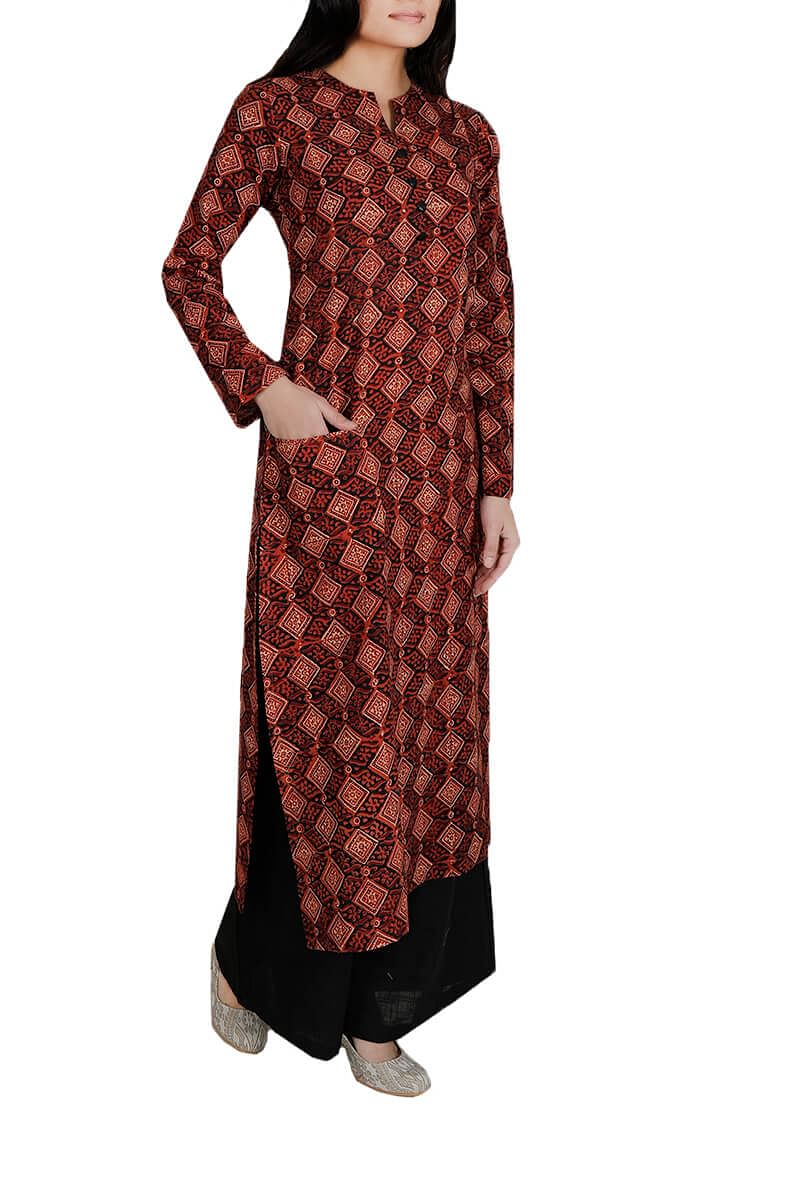 Set Of Brown Ajrakh Cotton Kurta And Palazzo