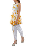 Set Of Yellow Tie Dye Cotton Top And Rayon Dhoti