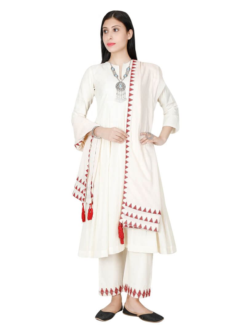 Set of Ivory Cross Stitch cotton Anarkali And Palazzo With Mulmul Cotton Dupatta