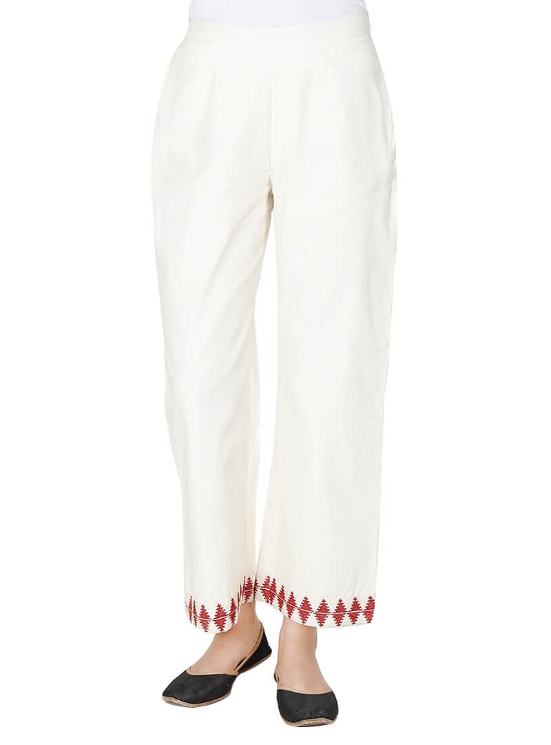 Set of Ivory Cross Stitch cotton Anarkali And Palazzo With Mulmul Cotton Dupatta