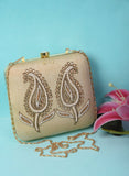 Beige Dabka Zari Embroidery Silk Box Clutch (6.5