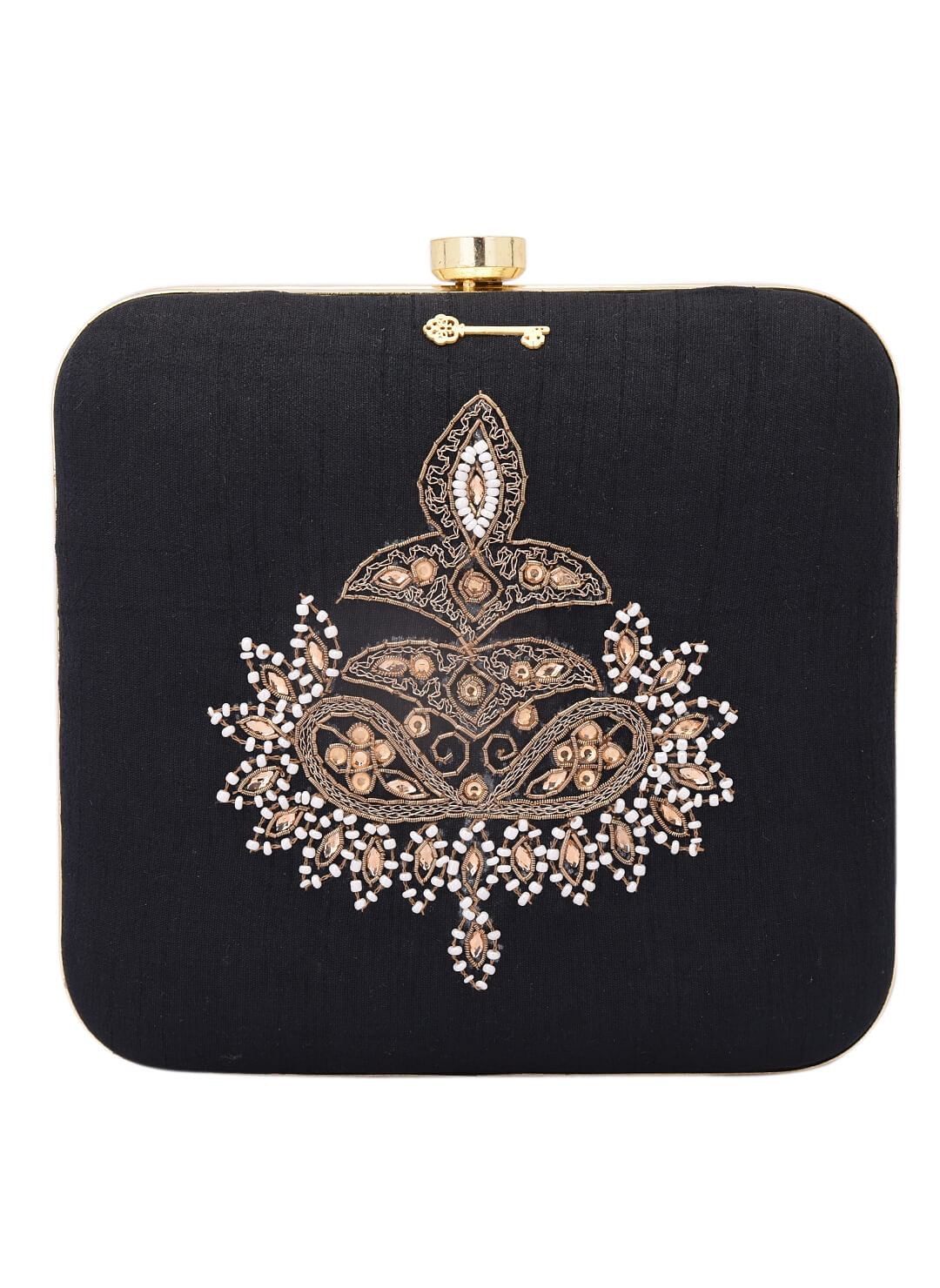 Black Dabka Zari Embroidery Silk Box Clutch (6.5"x7"x2")