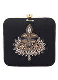 Black Dabka Zari Embroidery Silk Box Clutch (6.5"x7"x2")
