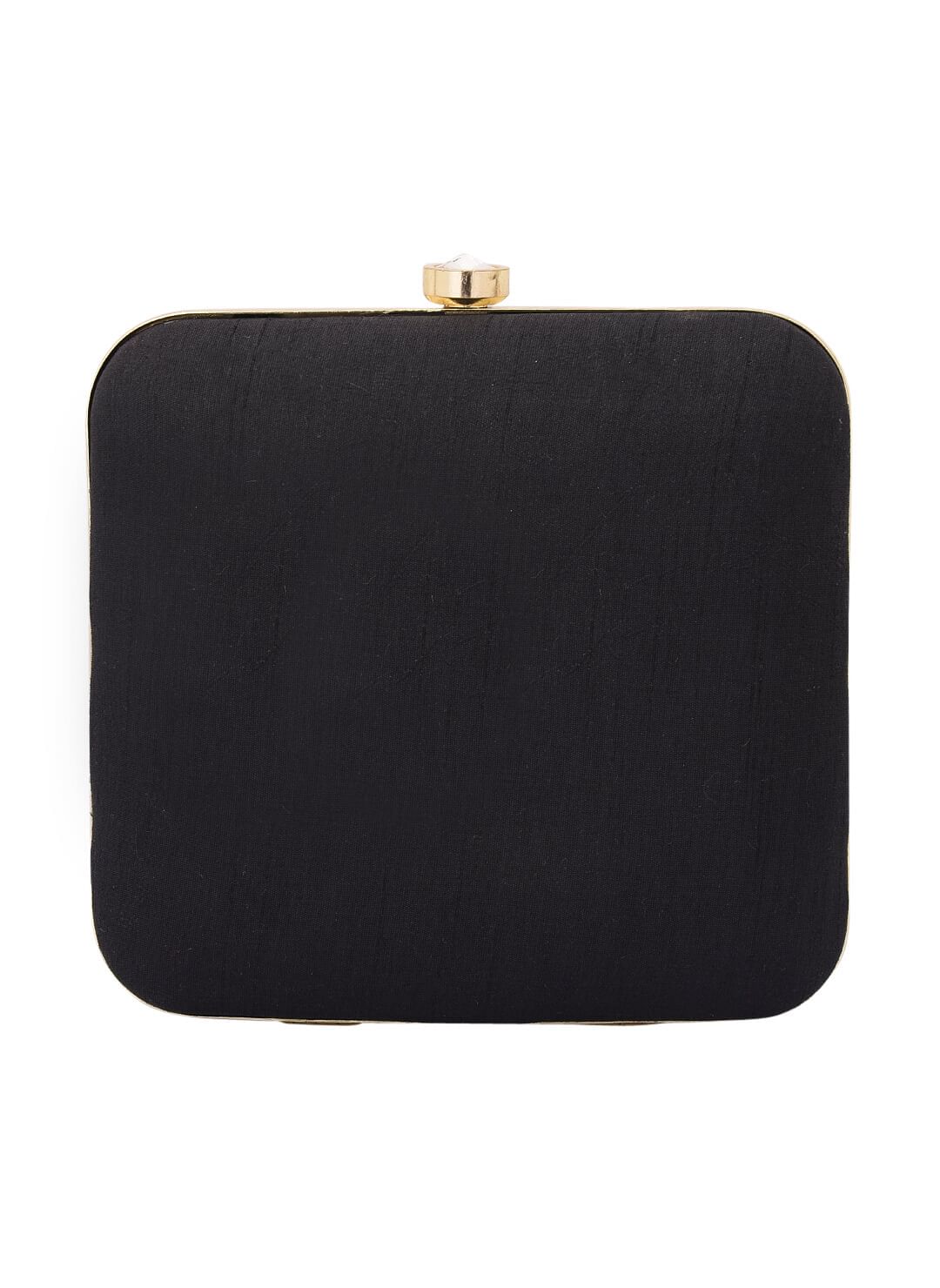 Black Dabka Zari Embroidery Silk Box Clutch (6.5"x7"x2")