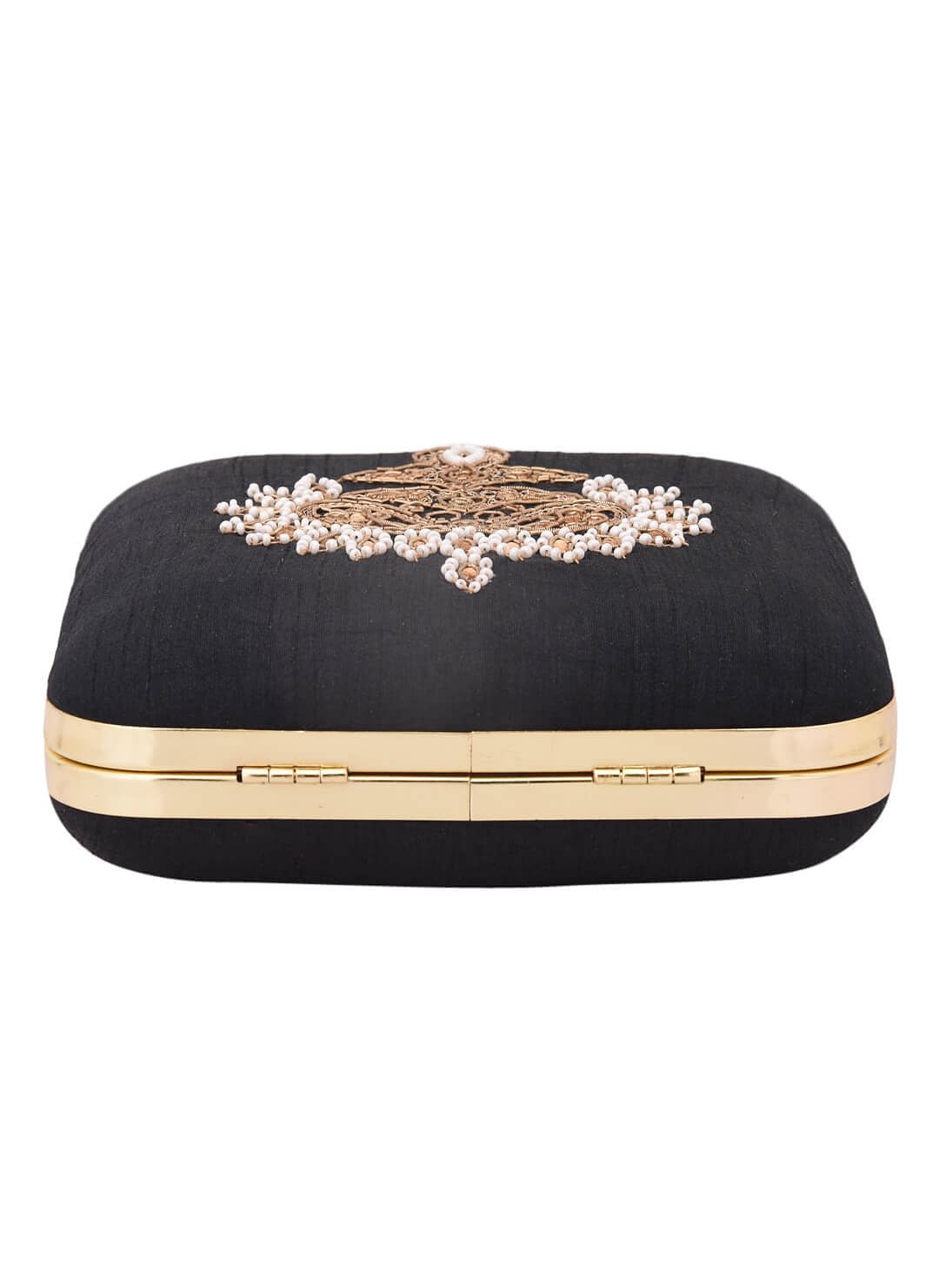 Black Dabka Zari Embroidery Silk Box Clutch (6.5"x7"x2")