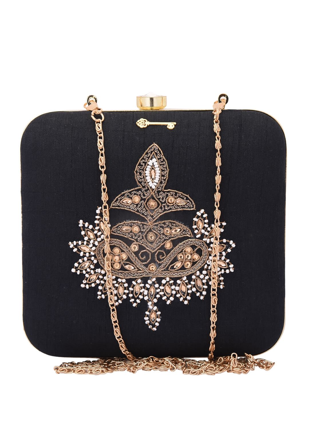 Black Dabka Zari Embroidery Silk Box Clutch (6.5"x7"x2")