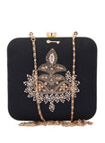 Black Dabka Zari Embroidery Silk Box Clutch (6.5"x7"x2")