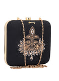 Black Dabka Zari Embroidery Silk Box Clutch (6.5"x7"x2")