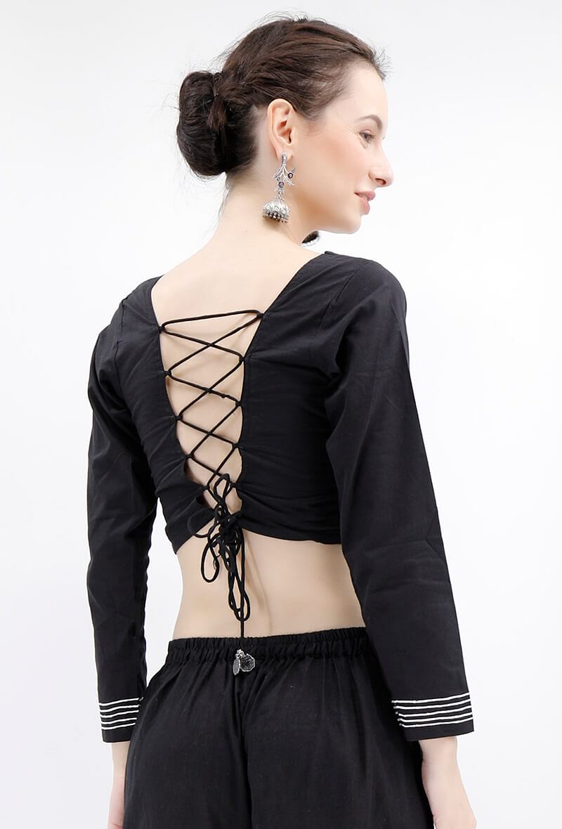Black Rabari Padded Backless Threaded Blouse