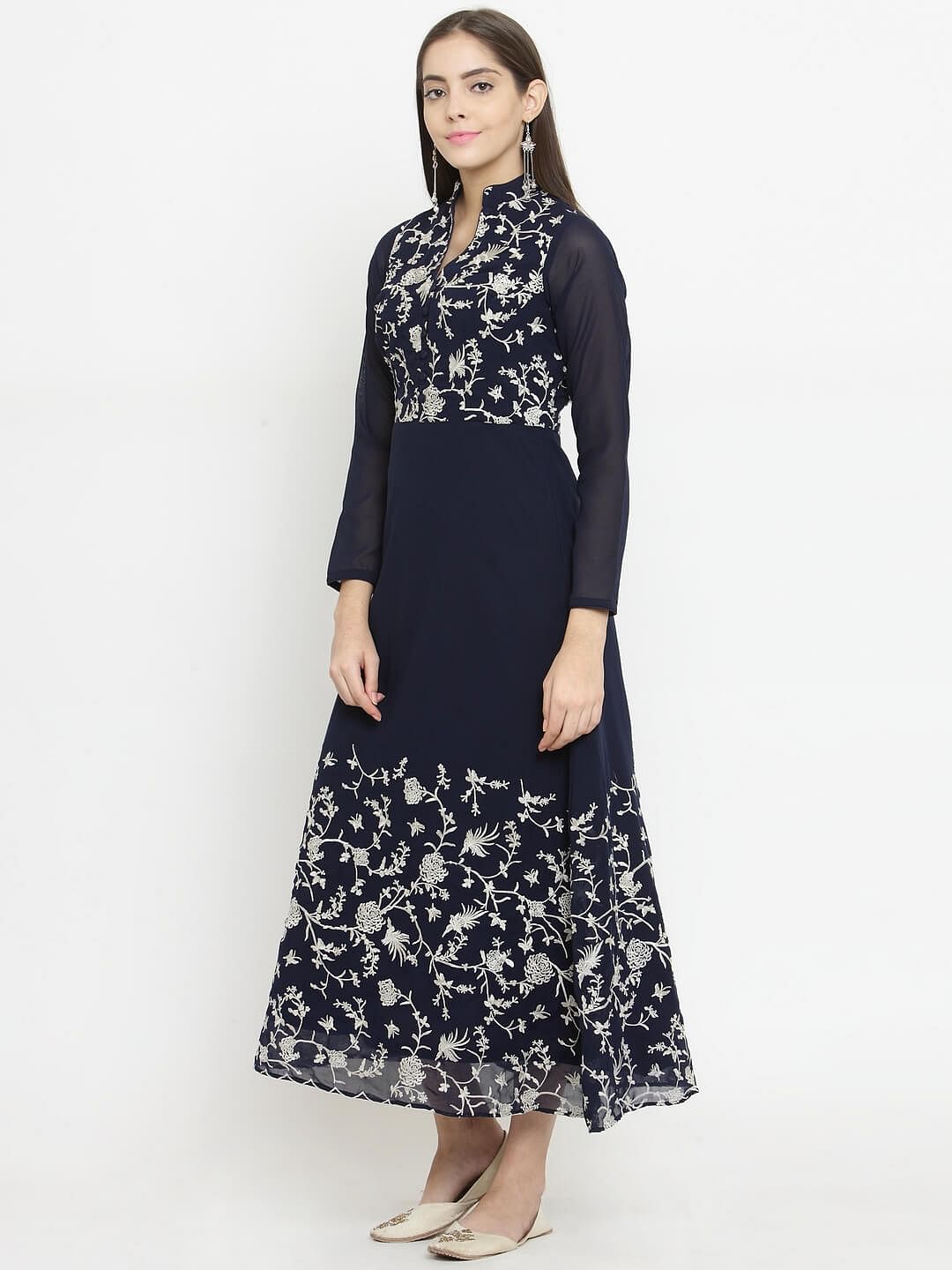 Navy Blue A-Line Dress With Parsi Embroidery