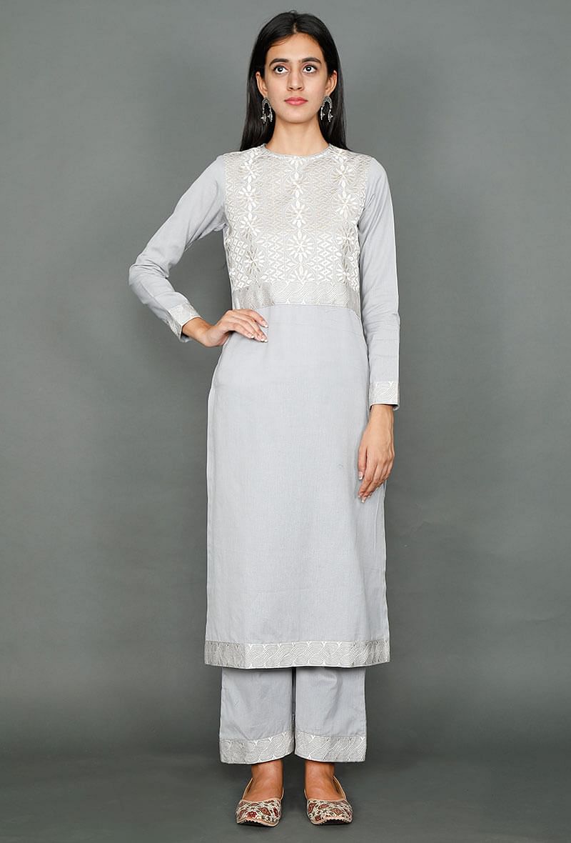Pale Grey Kurta With Kantha Embroidered Yoke