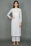 Pale Grey Kurta With Kantha Embroidered Yoke